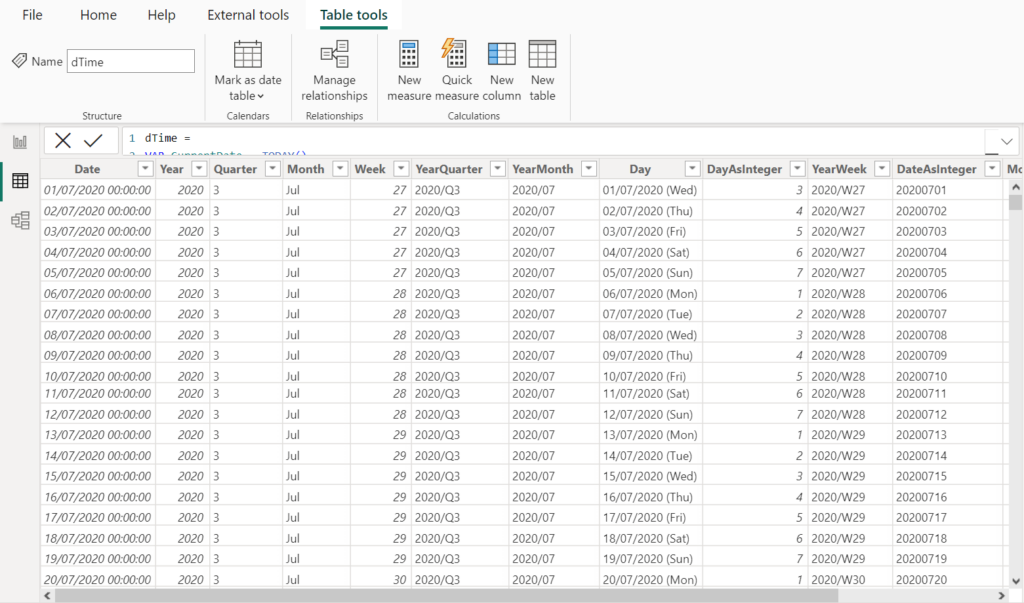 Dynamic date table in Power BI created with DAX