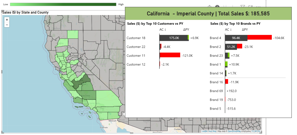 Drill Down to see sales by county using Power BI sales maps.