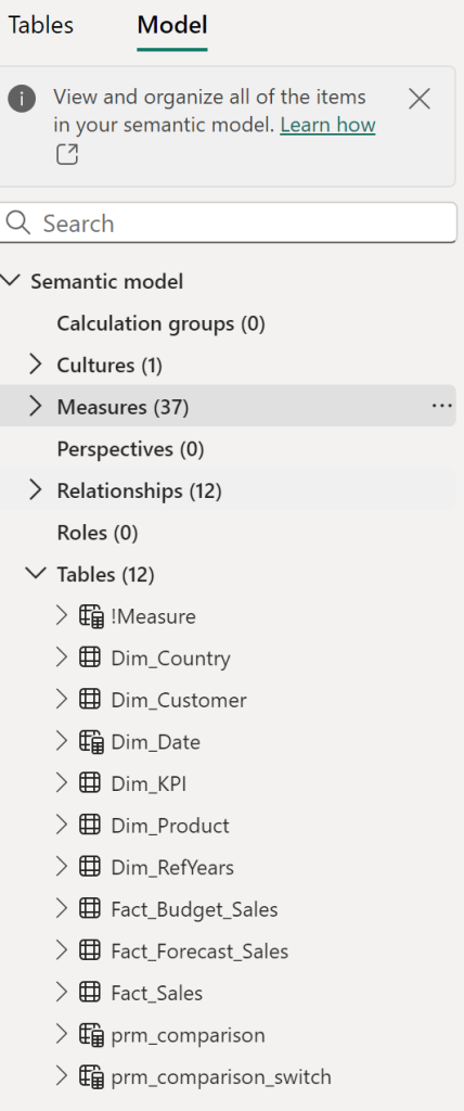 Model Tab in Data Model view