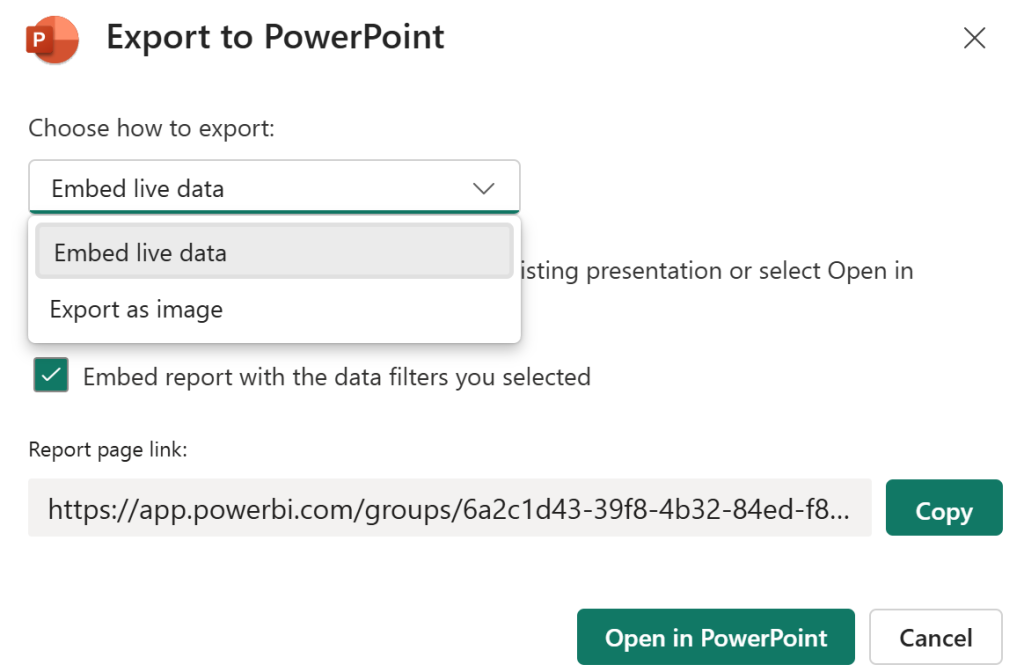 Export Power BI to PowerPoint embed live data or export as image
