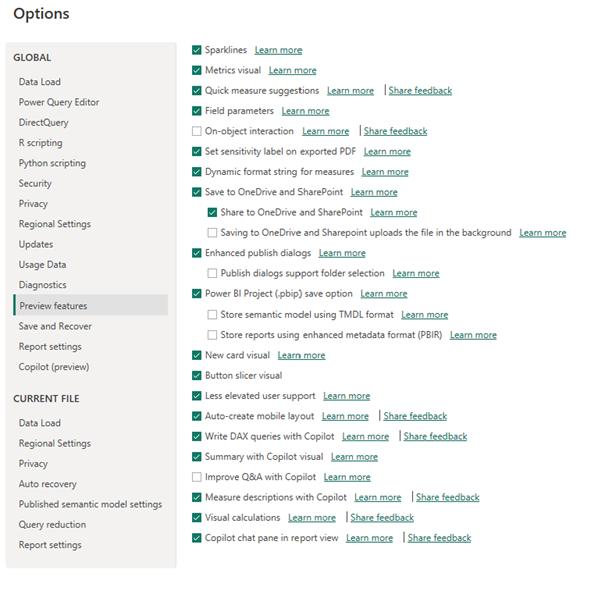 Enable visual calculations in Power BI through the options and settings pane.