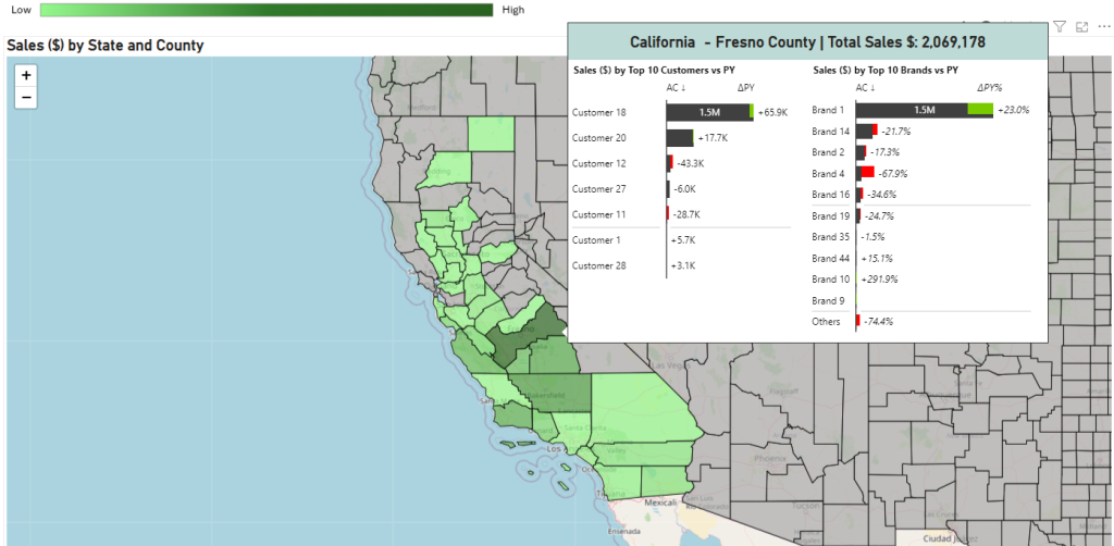 Sales map drill down into US counties