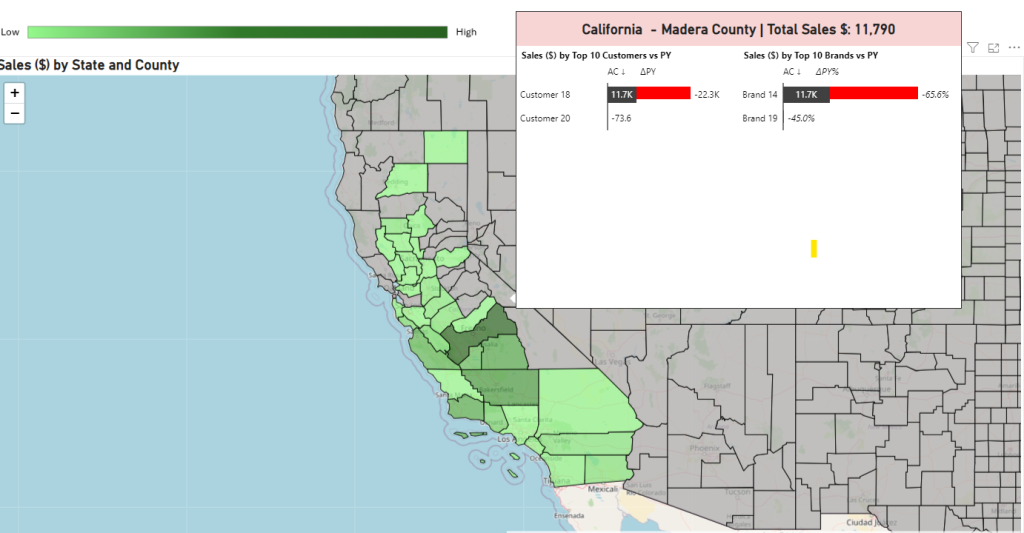 Sales map drill down into US counties