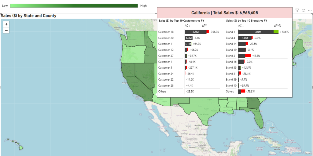 Sales Map Power BI example with dynamic header values and colors