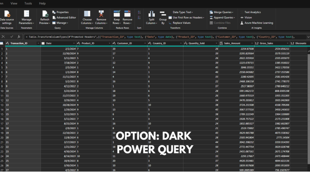 New Power BI dark mode option showing Power Query