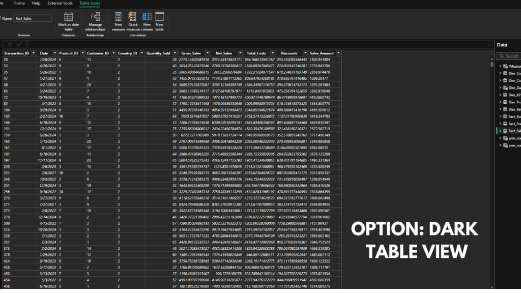 Dark mode table view in Power Bi Desktop