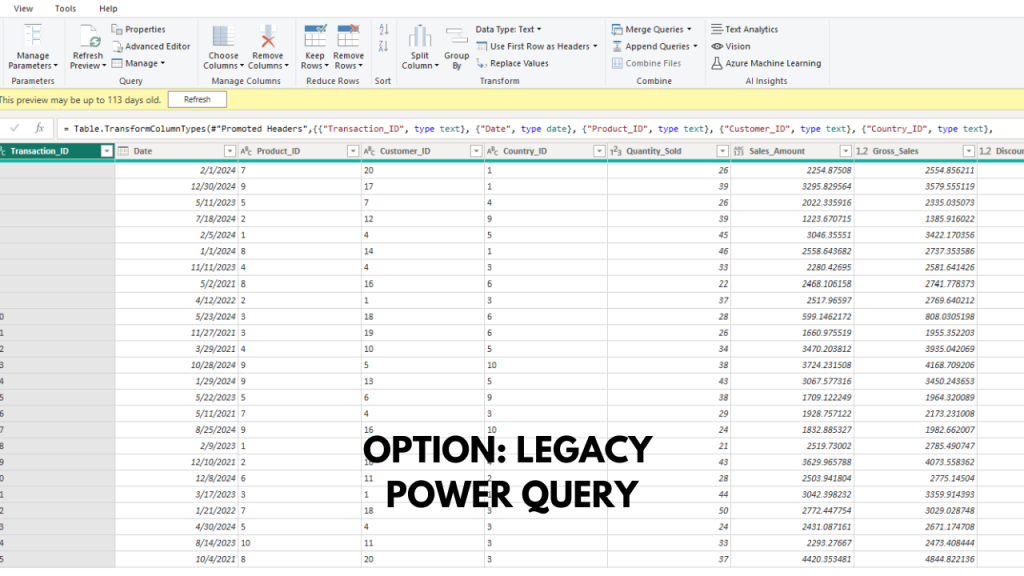 Power BI Legacy light option showing Power Query