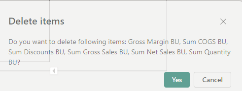Deleting measures in bulk. Power BI ask you if you sure to delete those measures. Select Yes if you are.