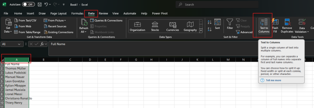 Seperating First Name and Last Name in Excel using the Text to Columns function