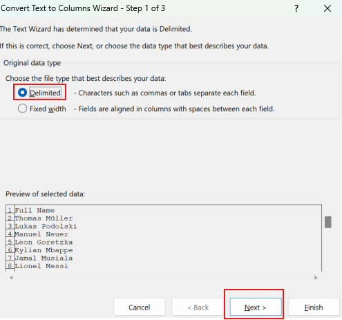 Text to columns settings to split column by space delimiter to split names in excel