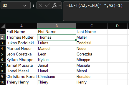 Splitting names in excel using the left function