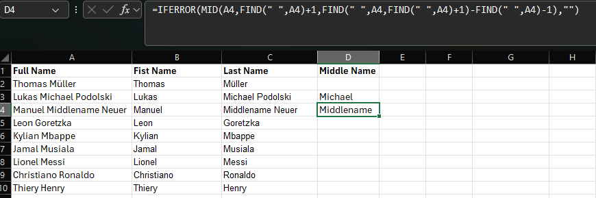 How to get the middle name in excel