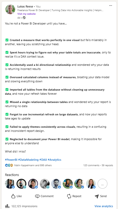 My LinkedIn post about power bi best practices and common situations or problems