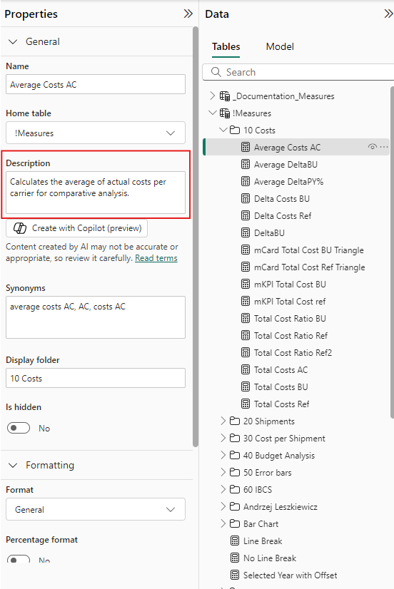 Modeling view in power bi. Add a description to a measure using the properties pane