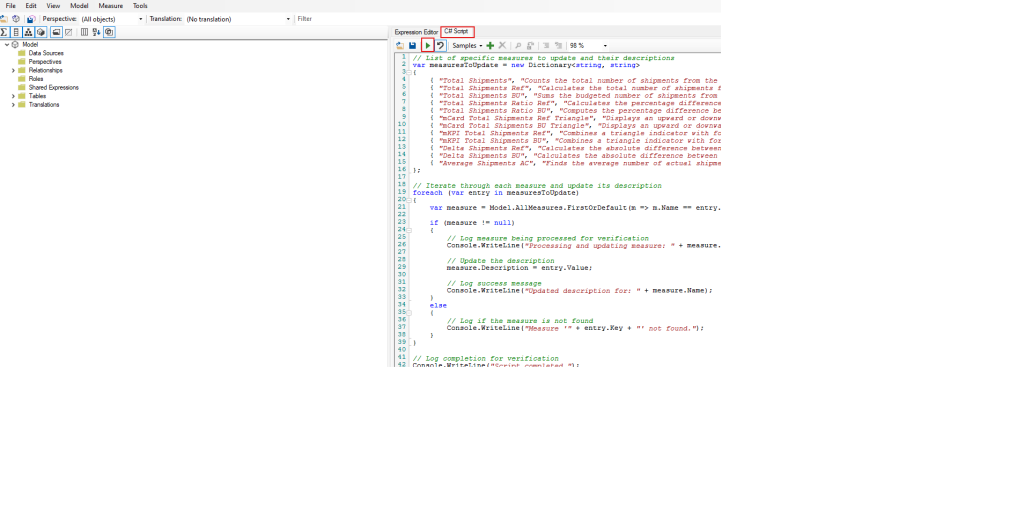 Running a C# script in Tabular Editor to update a Power BI measure description for documentation purposes