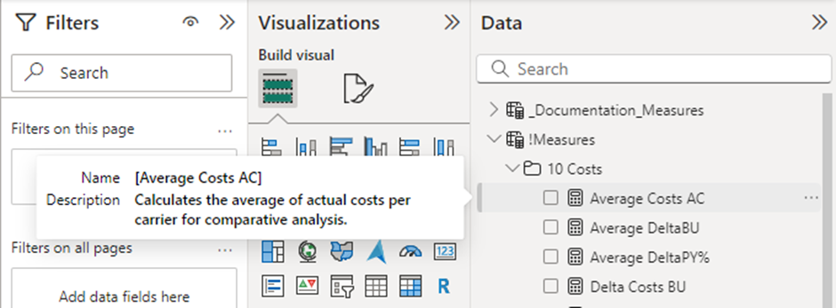 Power BI Documentation. Hovering over a measure to see more details such as the description.