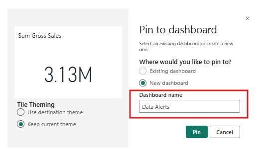 Create a new Power BI Dashboard to set up data alerts..