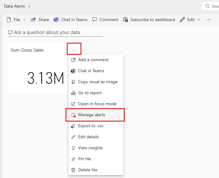 Click on the three dots on the top right of the visual and then click on manage alerts to set up and manage the Power BI alert