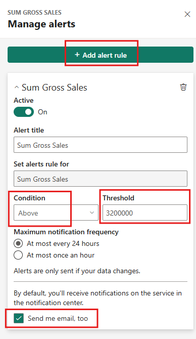 Configure the alerts for the Power BI KPI Card