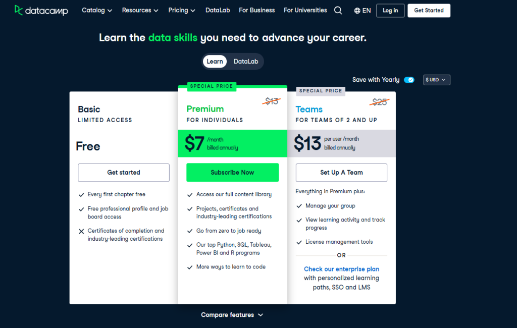 Datacamp's pricing structure.