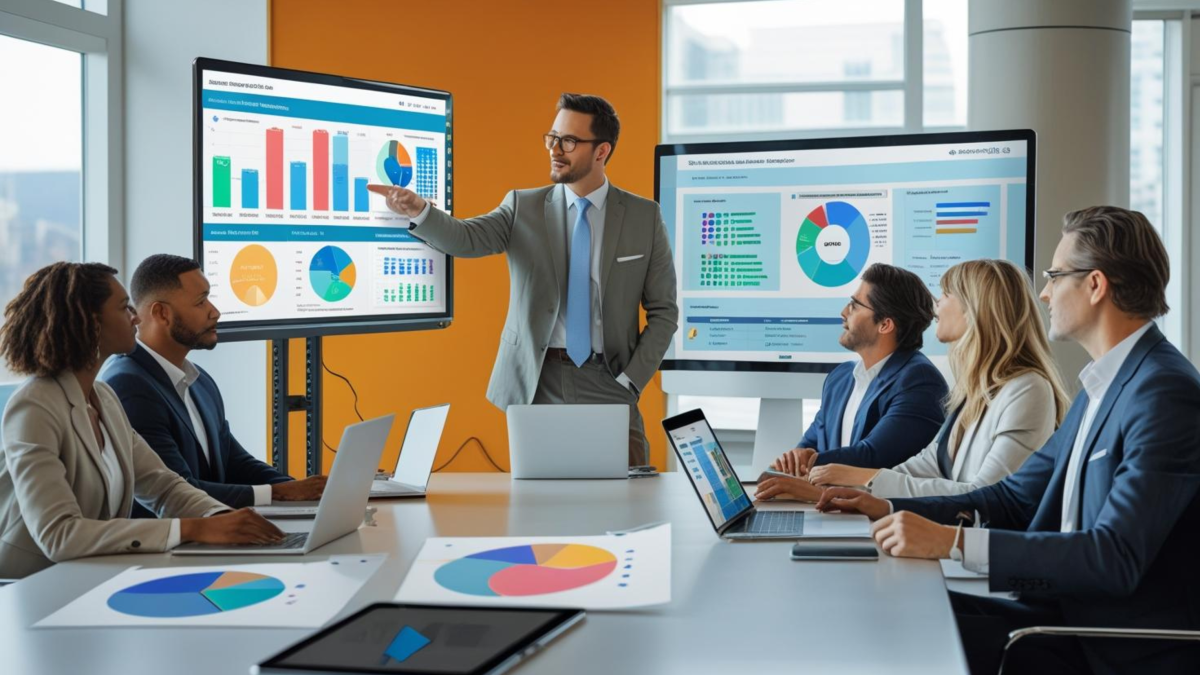 Professional business meeting scene with a business intelligence consultant presenting data visualizations on a large monitor to diverse executive team around a modern conference table. Show colorful Power BI dashboards and charts on the screen. Modern office environment with natural lighting. Consultant pointing at key metrics while executives look engaged and interested. Include laptops and tablets showing additional data visualizations. Corporate, professional, high-quality photography style. abstract and focus on outcomes, client and data