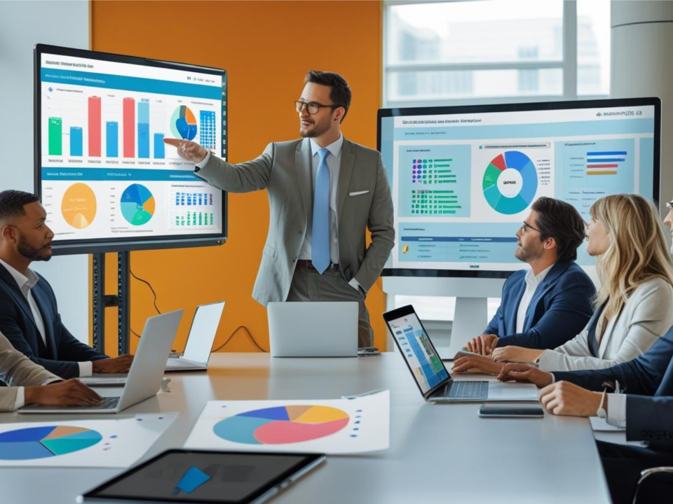 Professional business meeting scene with a business intelligence consultant presenting data visualizations on a large monitor to diverse executive team around a modern conference table. Show colorful Power BI dashboards and charts on the screen. Modern office environment with natural lighting. Consultant pointing at key metrics while executives look engaged and interested. Include laptops and tablets showing additional data visualizations. Corporate, professional, high-quality photography style. abstract and focus on outcomes, client and data