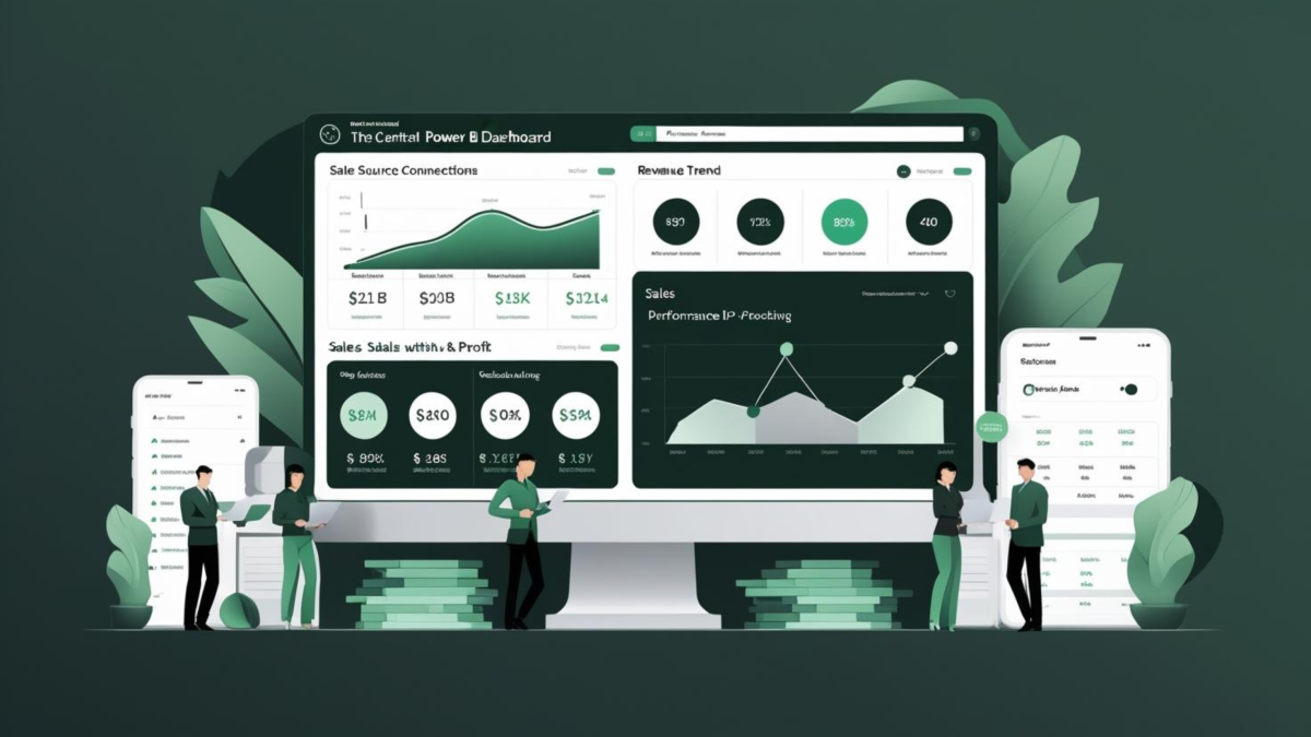 Business Intelligence Sales Solutions dashboards with multiple screen and sales people.