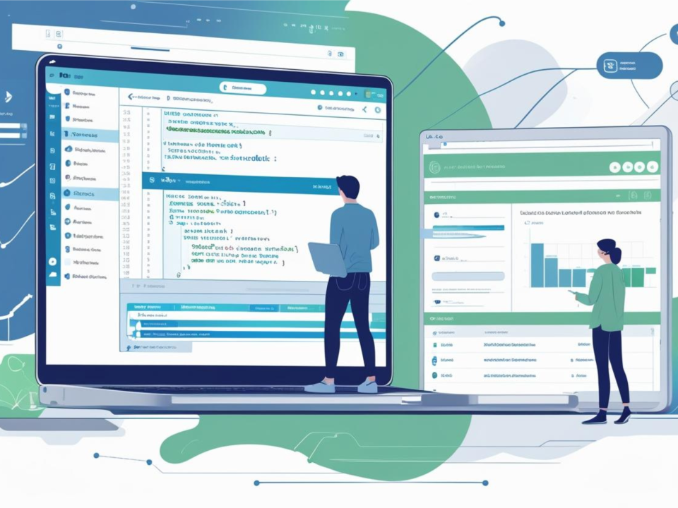 a professional, modern digital illustration showing a split-screen comparison: Left side shows a person working on DataCamp's interactive SQL coding interface on a laptop with clean blue/white UI, code snippets visible, and progress indicators. Right side shows traditional classroom/video learning setup. Background features subtle data visualization elements like charts, database symbols, and flowing data connections. Color scheme: DataCamp green, white, and professional grays. Style: Clean, minimalist, business-professional with slight tech aesthetic. Include subtle SQL code snippets and database icons. No text overlays needed - focus on visual contrast between interactive vs traditional learning.