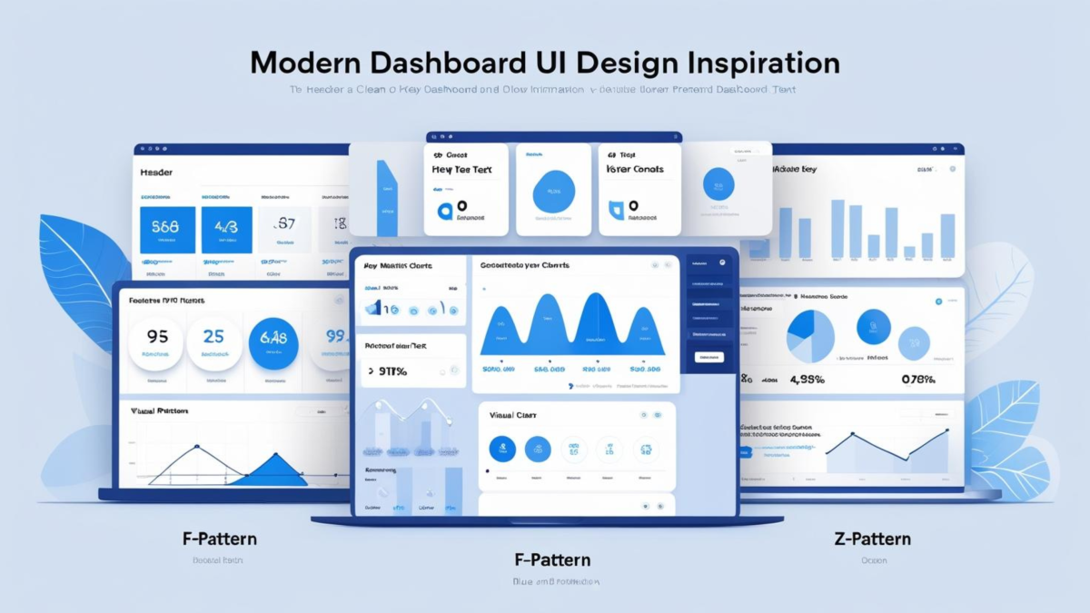 Modern dashboard UI design inspiration infographic showing clean layouts with header, sidebar, KPI cards, content areas, and F-pattern vs Z-pattern layout flows.