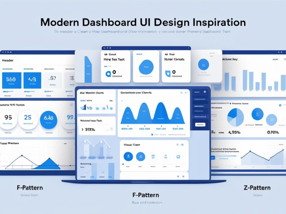 Modern dashboard UI design inspiration infographic showing clean layouts with header, sidebar, KPI cards, content areas, and F-pattern vs Z-pattern layout flows.
