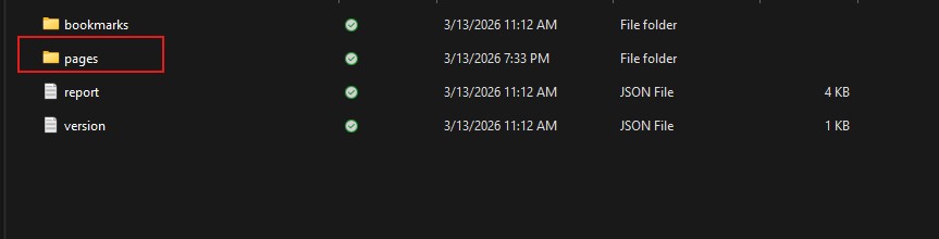Pages folder inside a PBIP project showing individual page subfolders with JSON files