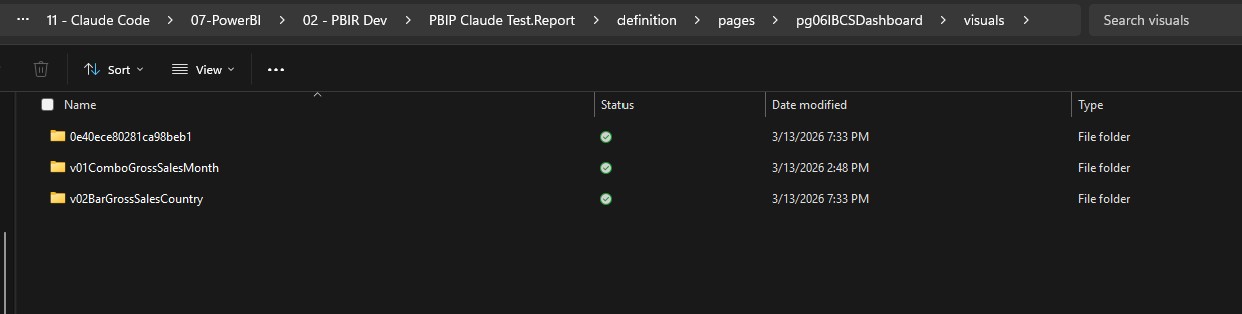 Visuals subfolder inside a PBIP page showing individual visual folders that can be renamed for readability
