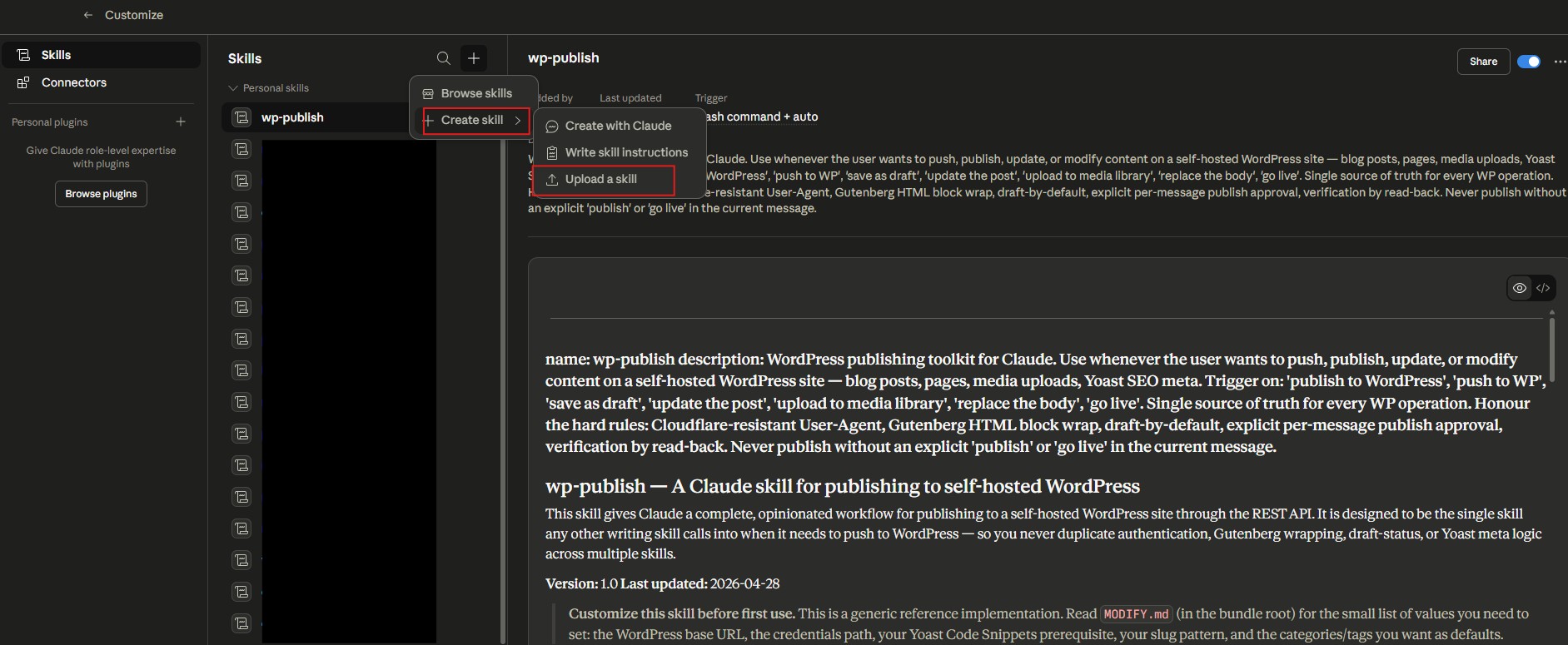 Claude Desktop Customize panel showing the Add skill flow with the wp-publish skill ready to install from a local file