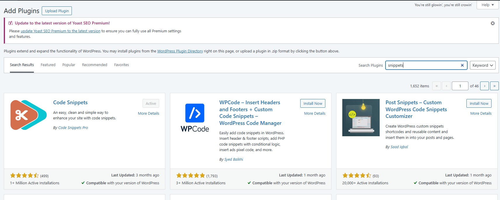 WordPress Plugins Add New screen showing the Code Snippets plugin by Code Snippets Pro available for installation with over one million active installs