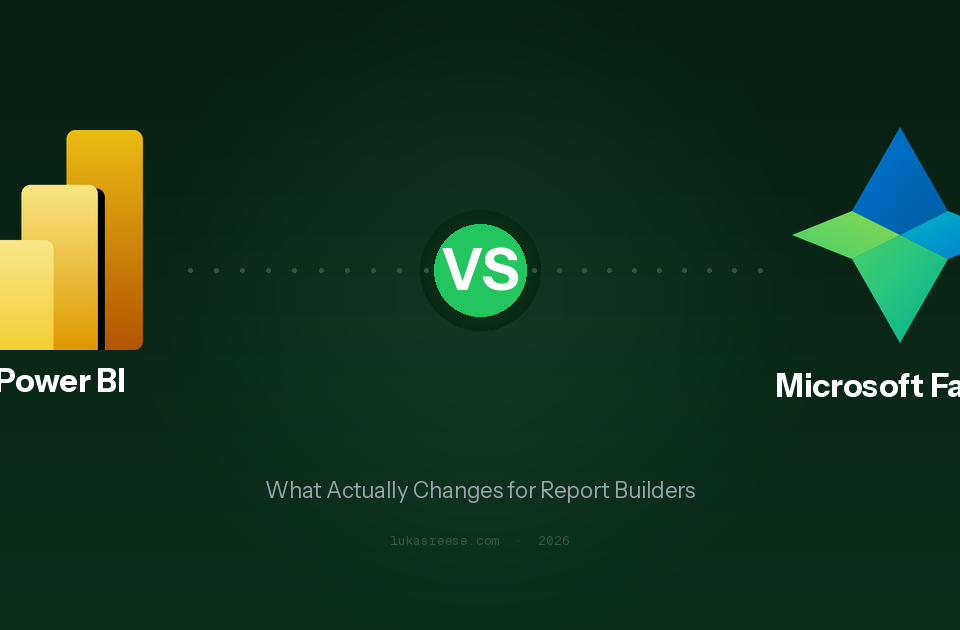 Power BI logo versus Microsoft Fabric logo comparison showing the two Microsoft analytics platforms side by side on a dark green background