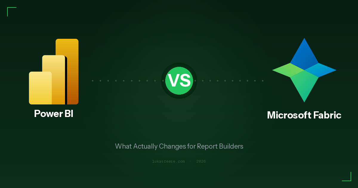 Power BI logo versus Microsoft Fabric logo comparison showing the two Microsoft analytics platforms side by side on a dark green background