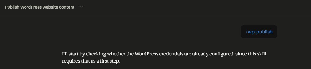 Claude conversation showing the wp-publish skill triggering first-run setup, asking for site URL, username, and Application Password