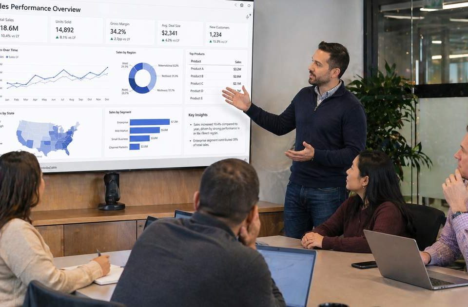 Power BI Beratung sinnvoll — Mittelstand-Team im Entscheidungs-Meeting zu Power BI Einführung
