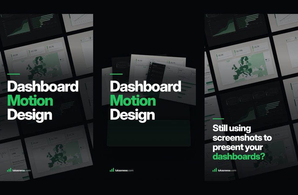 Dashboard motion design covers showing Power BI dashboards animated as a wall, a folder reveal and a title card