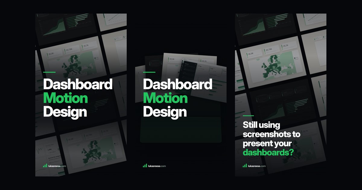 Dashboard motion design covers showing Power BI dashboards animated as a wall, a folder reveal and a title card