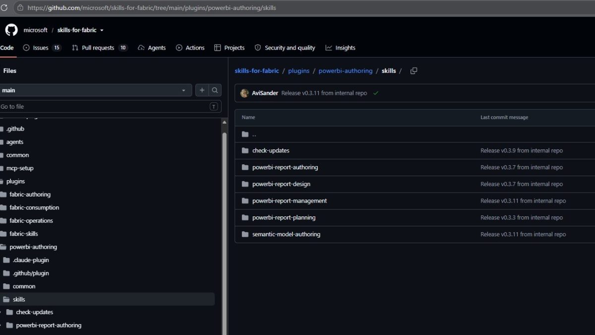 The microsoft/skills-for-fabric GitHub repository showing the powerbi-authoring plugin folder with the powerbi-report-authoring, powerbi-report-design, powerbi-report-management, powerbi-report-planning and semantic-model-authoring skills