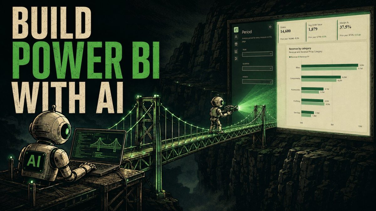 Power BI Desktop Bridge concept art: an AI agent crosses a lit suspension bridge toward a live Power BI report showing KPI cards and a revenue bar chart
