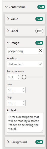 Adding a PNG image to the Power BI donut chart center value, with position, transparency, size, gap and alt text controls