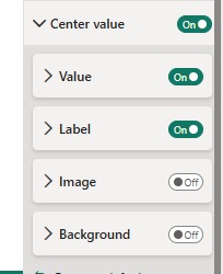 Power BI donut chart center value settings showing the Value, Label, Image and Background toggles in the format pane