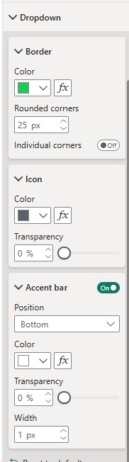 Power BI dropdown slicer formatting options in the format pane showing Border, Icon and Accent bar sections