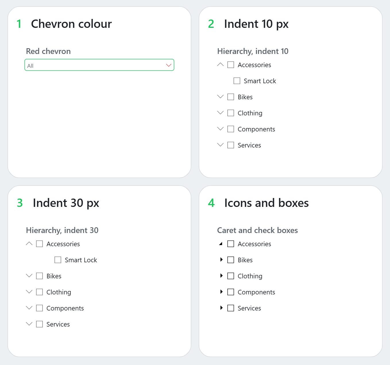 Power BI hierarchy slicer showing indentation at 10 px and 30 px plus caret expand icons and check boxes