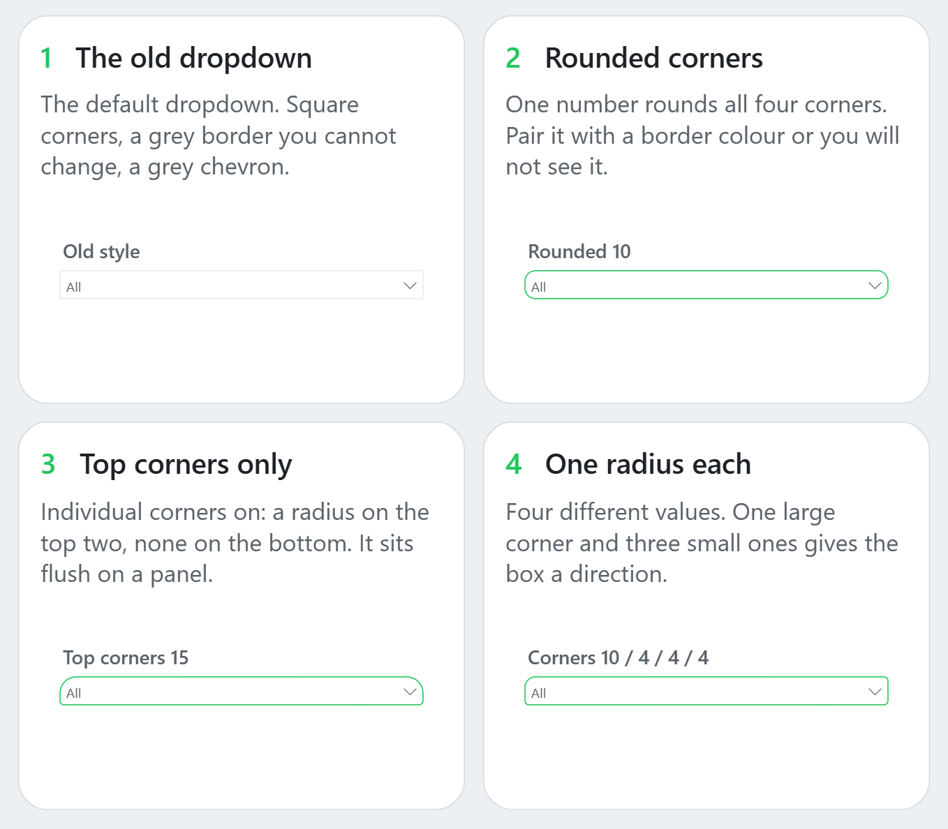 Power BI slicer rounded corners compared at default, 10 px, top corners only and four different radii