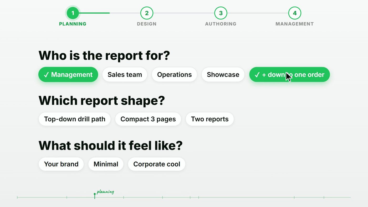Power BI Report CLI planning mode asks who the report is for, which shape it needs and how it should feel